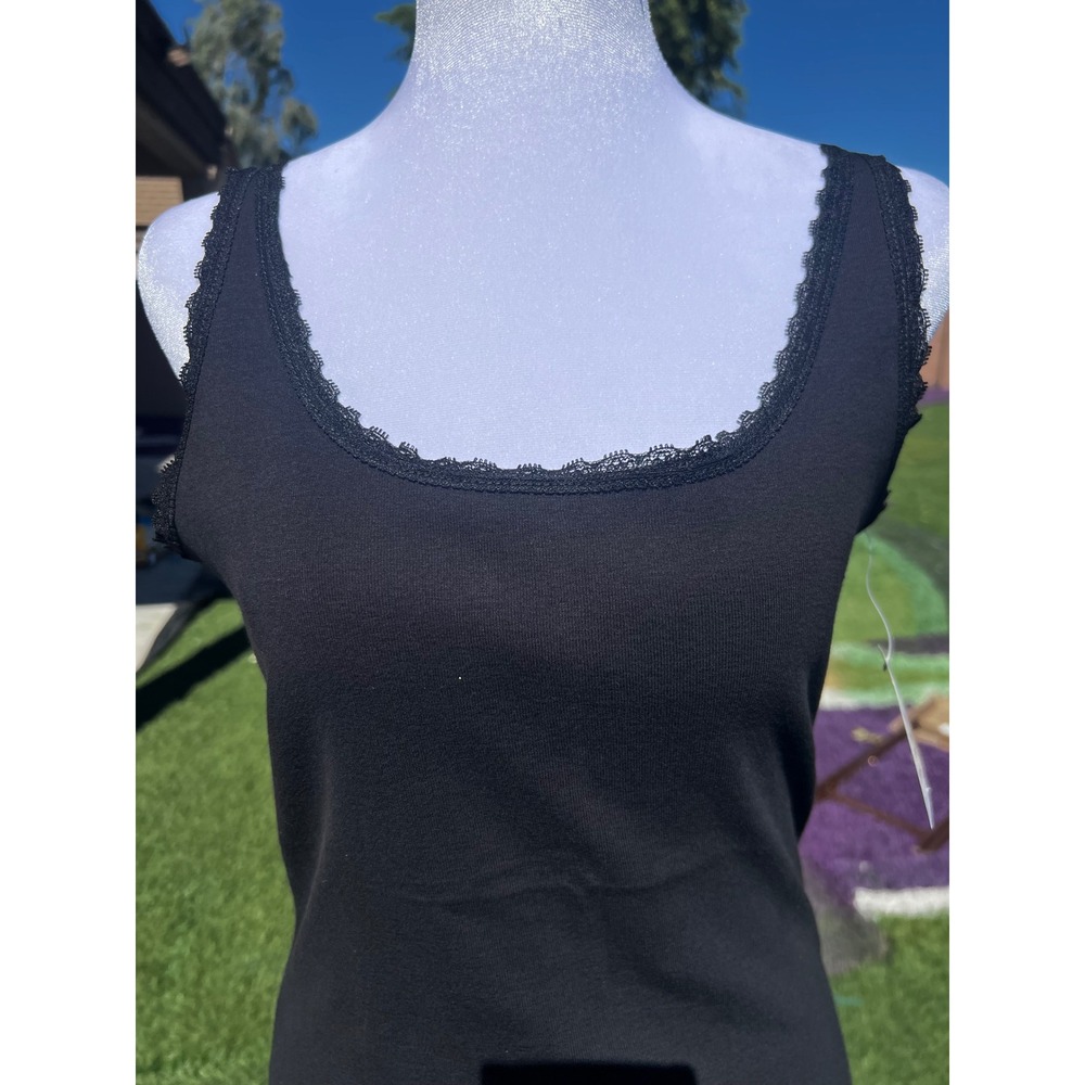 St Johns Bay Womens Black Lace Trim Tank Top Scoop Neck 100% Cotton Medium NWT
